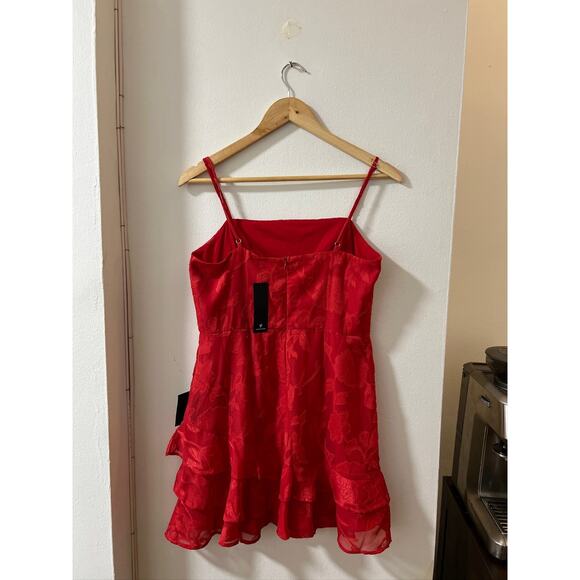 Lulus Red Floral Jacquard Ruffle Mini Dress – Size M (New With Tags) - Picture 4 of 4